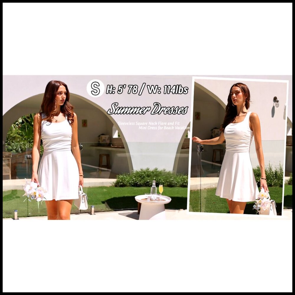 Summer Square Neck Sleeveless Mini Dress Ruched Waist Fit Flare Pleated - Picture 6 of 7